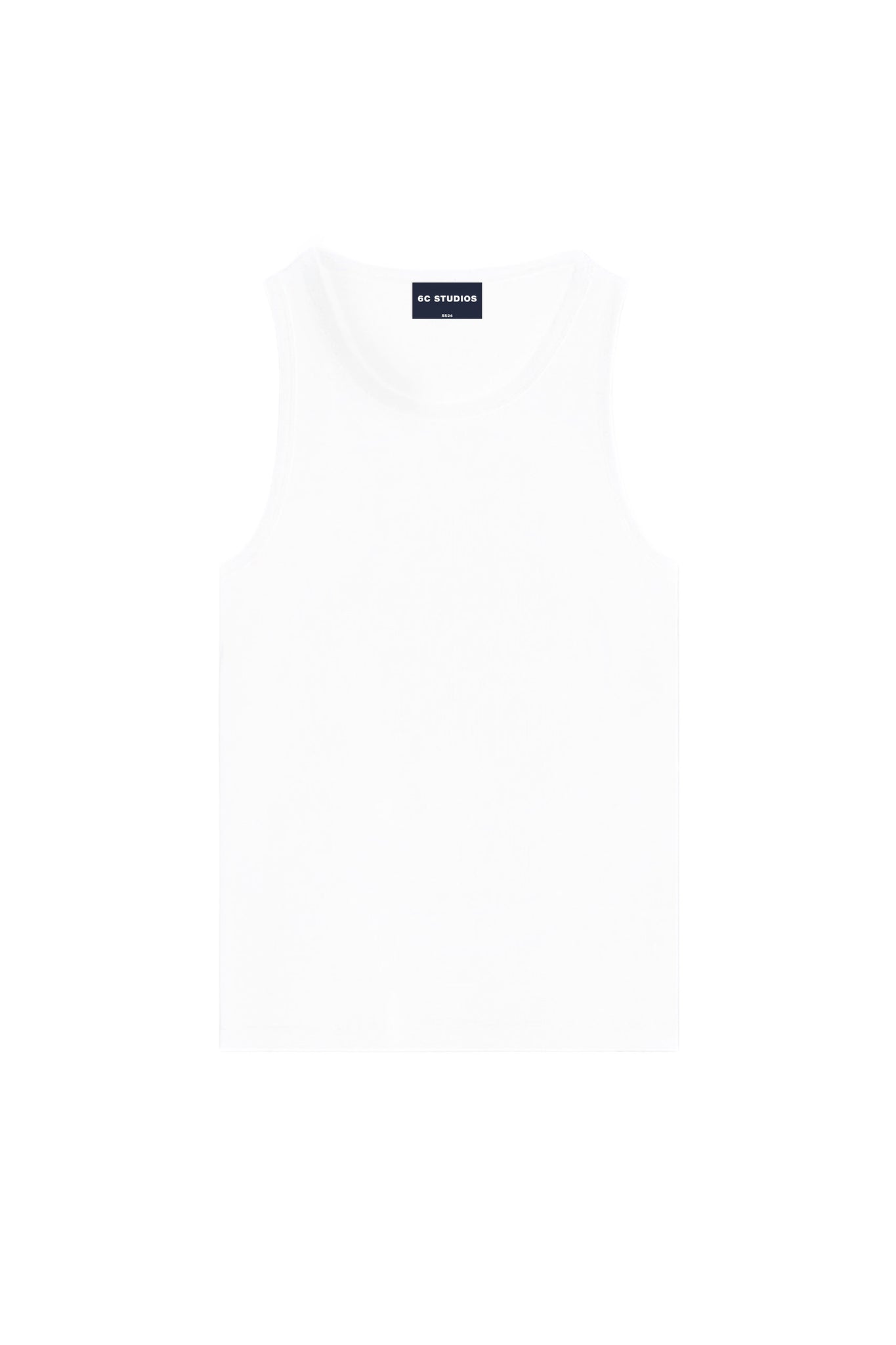 White sleeveless shirt / tank top with 6C STUDIOS label on a white background